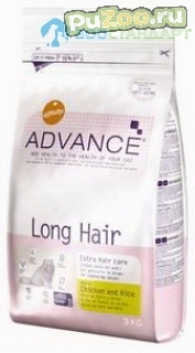 Advance long hair - сухой корм с курицей и рисом для взрослых кошек длинношерстных пород эдванс (cat long hair chicken & rice)