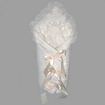 Одеяло-конверт на выписку МАРГАРИТА, из вышит.полотна, кружево ,банты, 5пр.,весна-осень,синт.пл.200