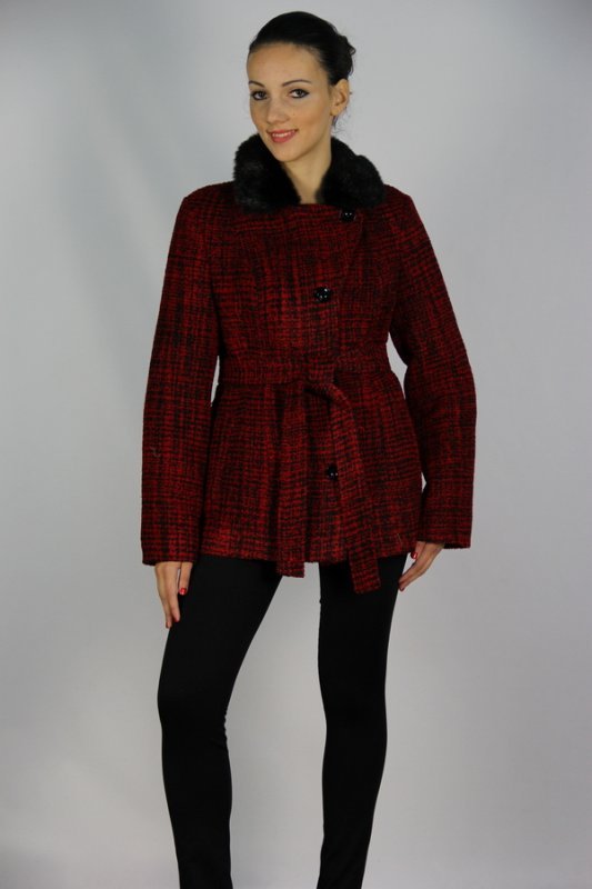 Пальто утепленное твид красно-черный pu-7018