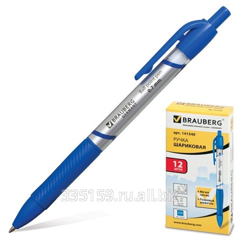 Ручка шариковая Brauberg (Брауберг) автоматическая RBP036, серебристая печать, 0,7 мм, резиновый держатель, синяя