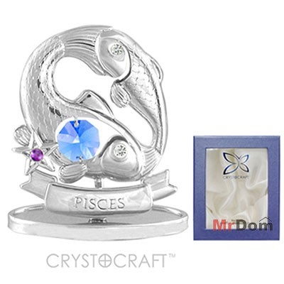 Рыбы (знаки зодиака), миниатюра серебристого цвета с голубыми кристаллами (754067)