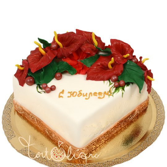 Праздничный торт квадратный с цветами №896