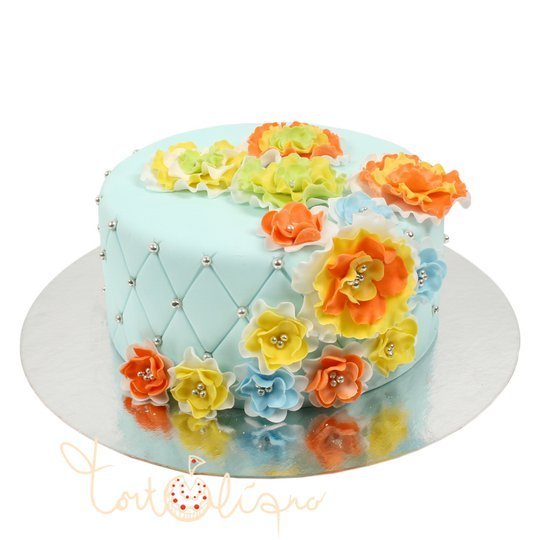 Праздничный торт голубой с цветами №827