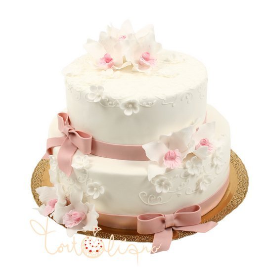 Свадебный торт белый с розовыми лентами №528