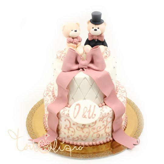 Свадебный торт Медведи с розовой лентой №256