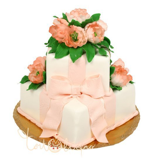 Свадебный торт квадратный с розовой лентой №586