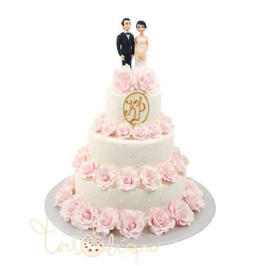 Свадебный торт розовые цветы и фигурки №514
