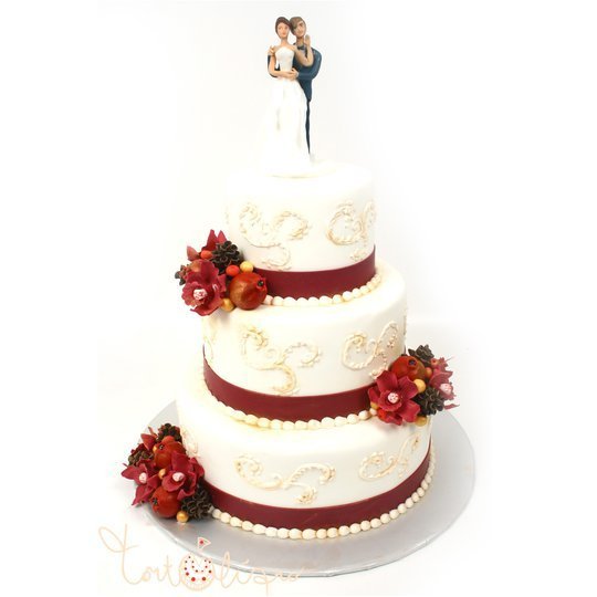 Свадебный торт с бордовыми цветами №87