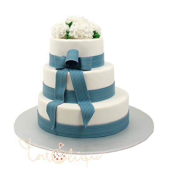 Свадебный торт синяя лента с цветами №509