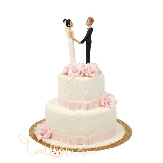 Свадебный торт с фигурками и розовыми цветами №555