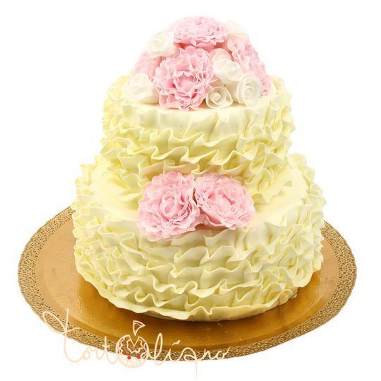 Свадебный торт с рюшами и розовыми цветами №623