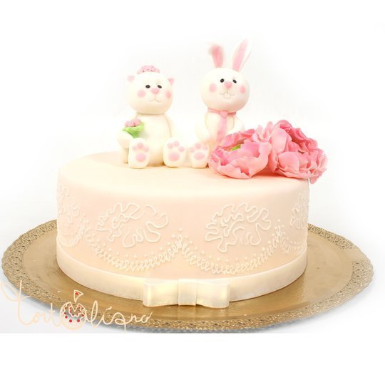 Свадебный торт с зайцем и кошечкой №114