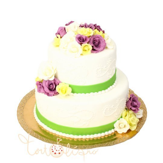 Свадебный торт зеленые ленты с цветами №560