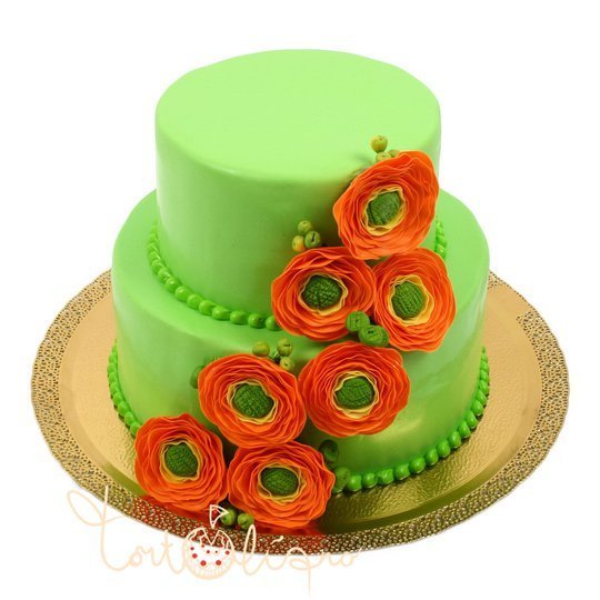 Свадебный торт зеленый с оранжевыми цветами №675