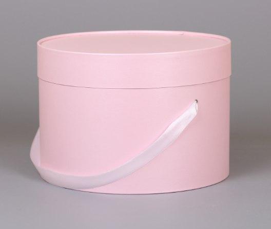 Розовая круглая коробка с завальцовкой для цветов и подарков 300*200