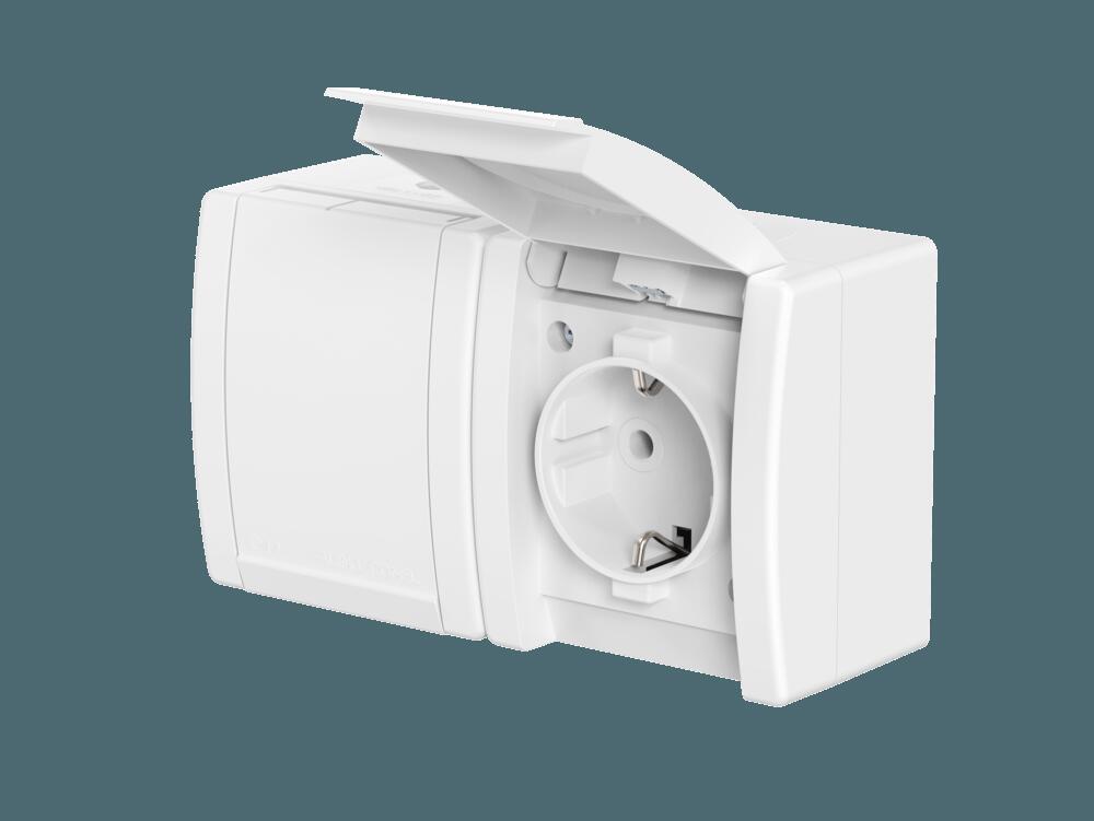 Розетка электрическая двухместная CADUCEUS ALING POWER для открытой проводки, без шторок, с крышкой,