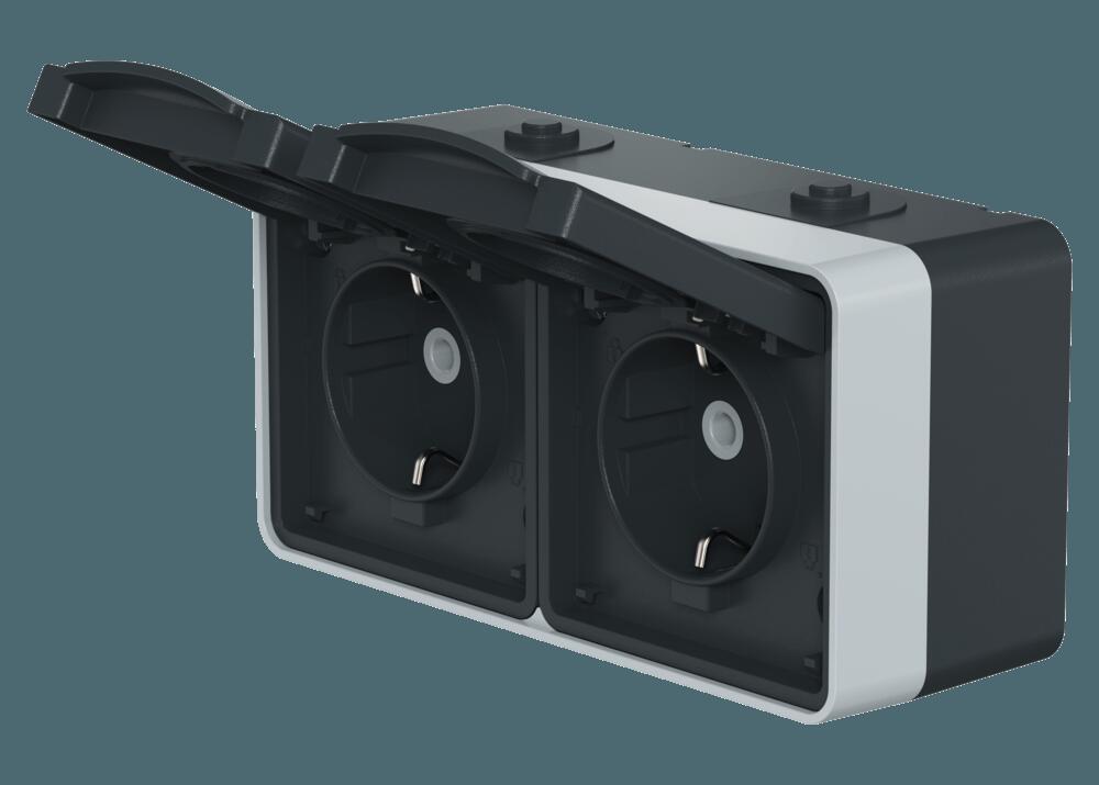 Розетка электрическая двухместная горизонтальная CADUCEUS ALING PROTECTA для открытой проводки, без