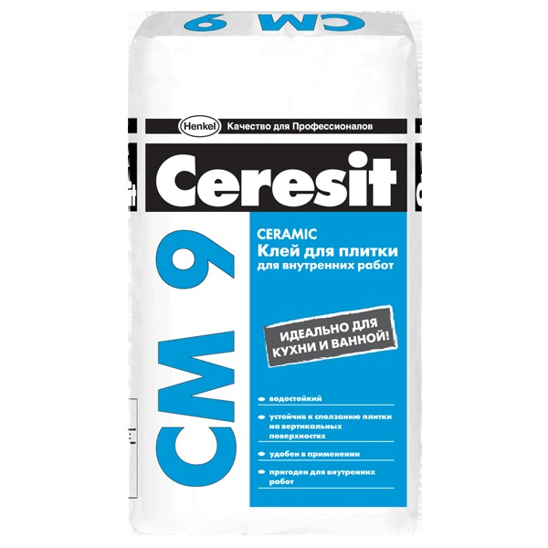 Ceresit СМ 9. Клей для плитки для внутренних работ  Клей для крепления керамической плитки на жестких минеральных основаниях для внутренних работ