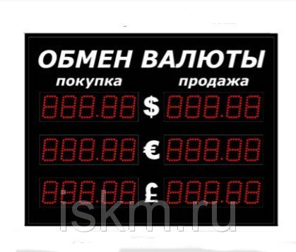 Табло курса валют, на три валюты, 5 знаков, высота цифр 90 мм, для солнца, одностороннее