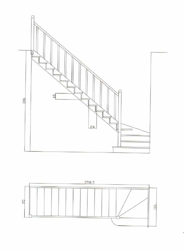 Лестница Katalonia (comfort) прямая с поворотом на 90 град., ступени:гл.=24см, в=18см, первая ступень скруглённая.