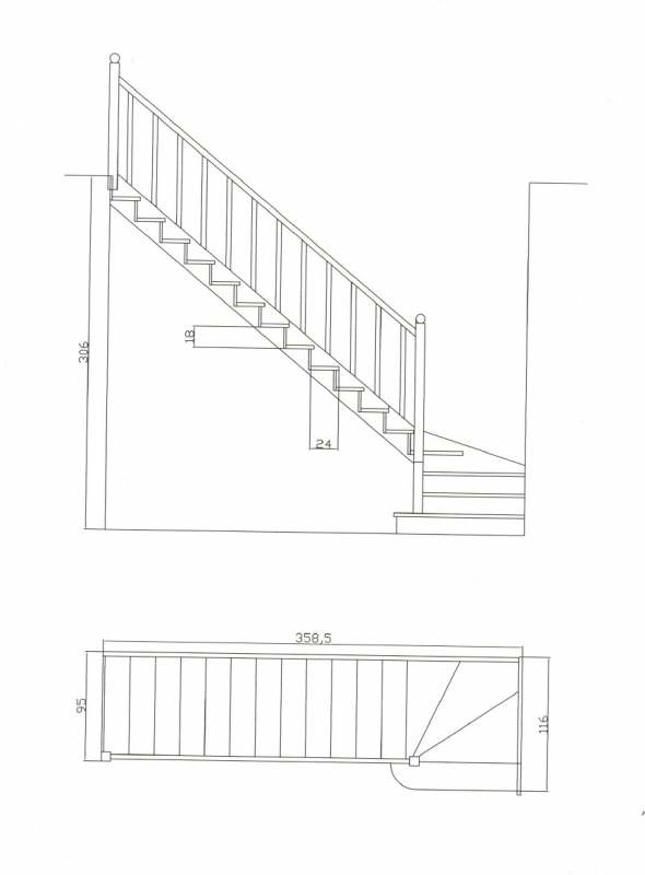 чертёж комфортной деревянной лестницы Katalonia L-type со скруглённой первой ступенью, ширина 95 см , ступень 24 см , высота 18 см с поворотом на 90 град.