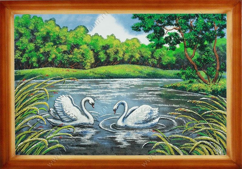 Картина Два лебедя багет дерево №4, 34х44 см