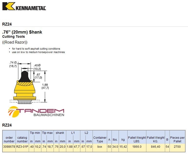 Резец дорожный Kennametal RZ25 (RZ4-02P)