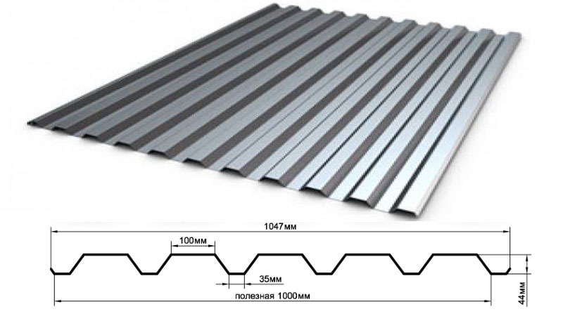 Профнастил оцинкованный С44 х 1000 (0.8мм)