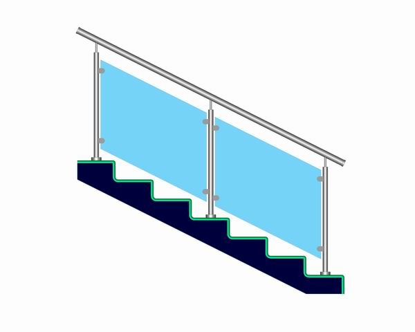 Лестничное ограждение со стеклом с креплением стоек в пол и шагом 900мм.