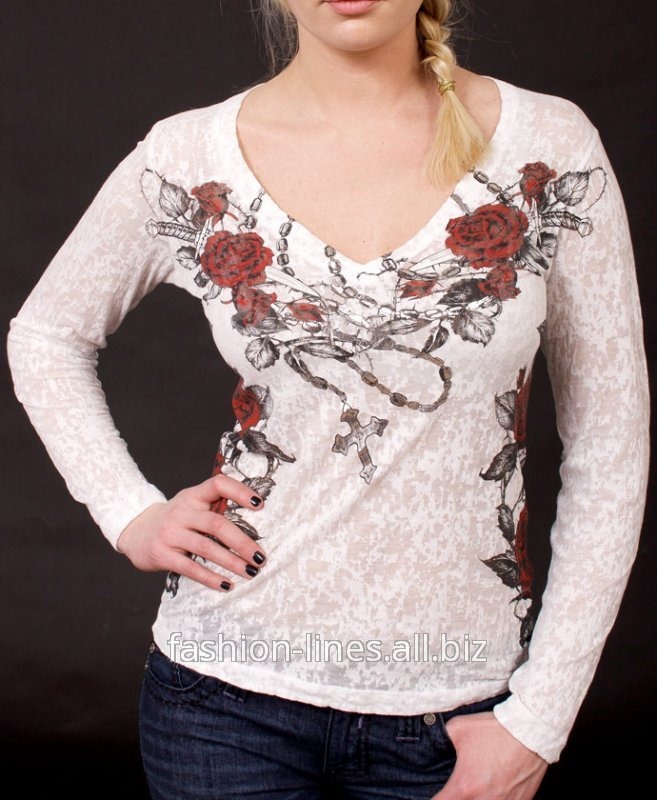 Женская футболка с длинным рукавом Affliction Amber Rose с розами полупрозрачная