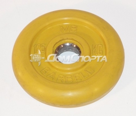 Диск обрезиненный, жёлтый, 26 мм, 1,25 кг MB Barbell MB-PltC26-1,25