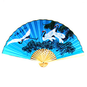 Веер, 50 см, рисунок на синем фоне, светлая бамбуковая основа