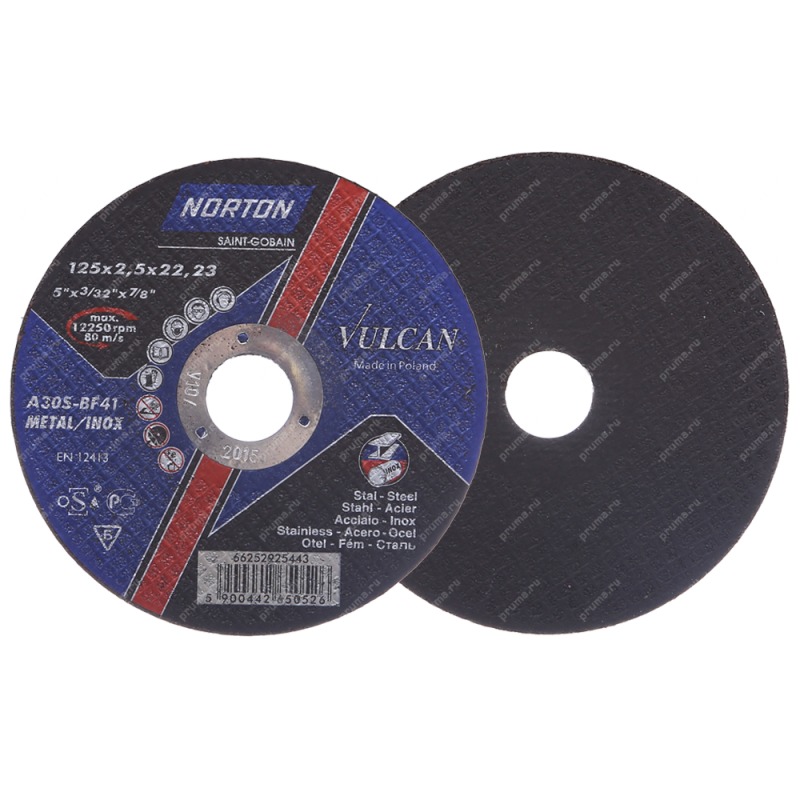 NORTON  VULCAN Отрезной диск по нержавеющей стали 125х2,5х22,23 мм, тип 41, А 30 S