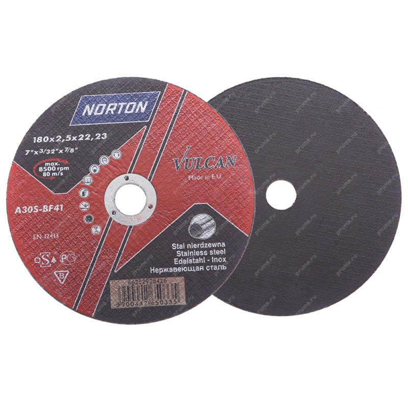 NORTON  VULCAN Отрезной диск по нержавеющей стали 180х2,5х22,23 мм, тип 41, А 30 S