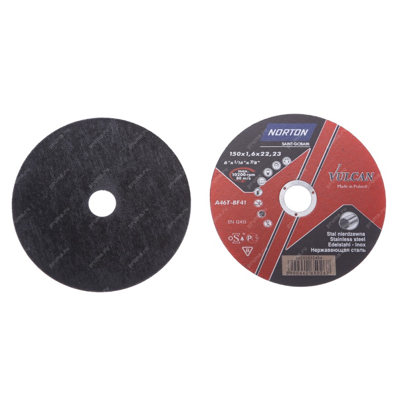 NORTON  VULCAN Отрезной диск по нержавеющей стали 150х1,6х22,23 мм, тип 41, А 46 T