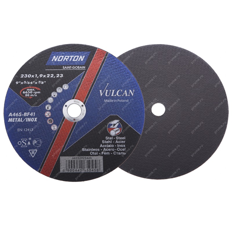 NORTON  VULCAN Отрезной диск по нержавеющей стали 230х1,9х22,23 мм, тип 41, А 46 S
