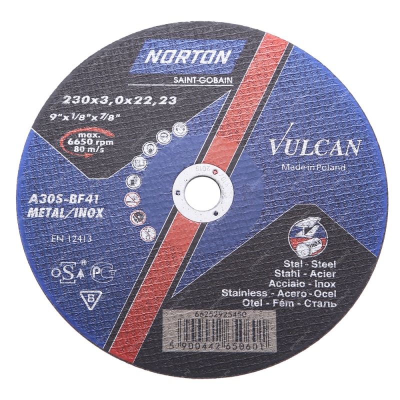 NORTON  VULCAN Отрезной диск по нержавеющей стали 230х3х22,23 мм, тип 41, А 30 S