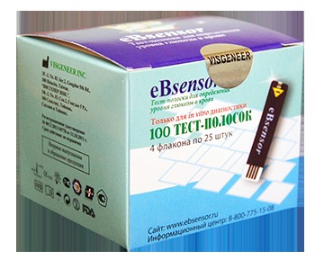 Тест-полоски eBsensor для определения уровня глюкозы в крови, подходят только  к глюкометру eBsensor.  100 шт. в упаковке.