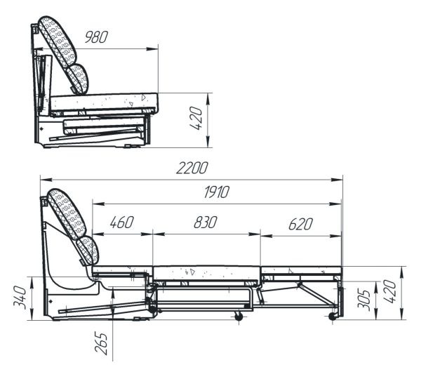 Чертеж выкатного дивана